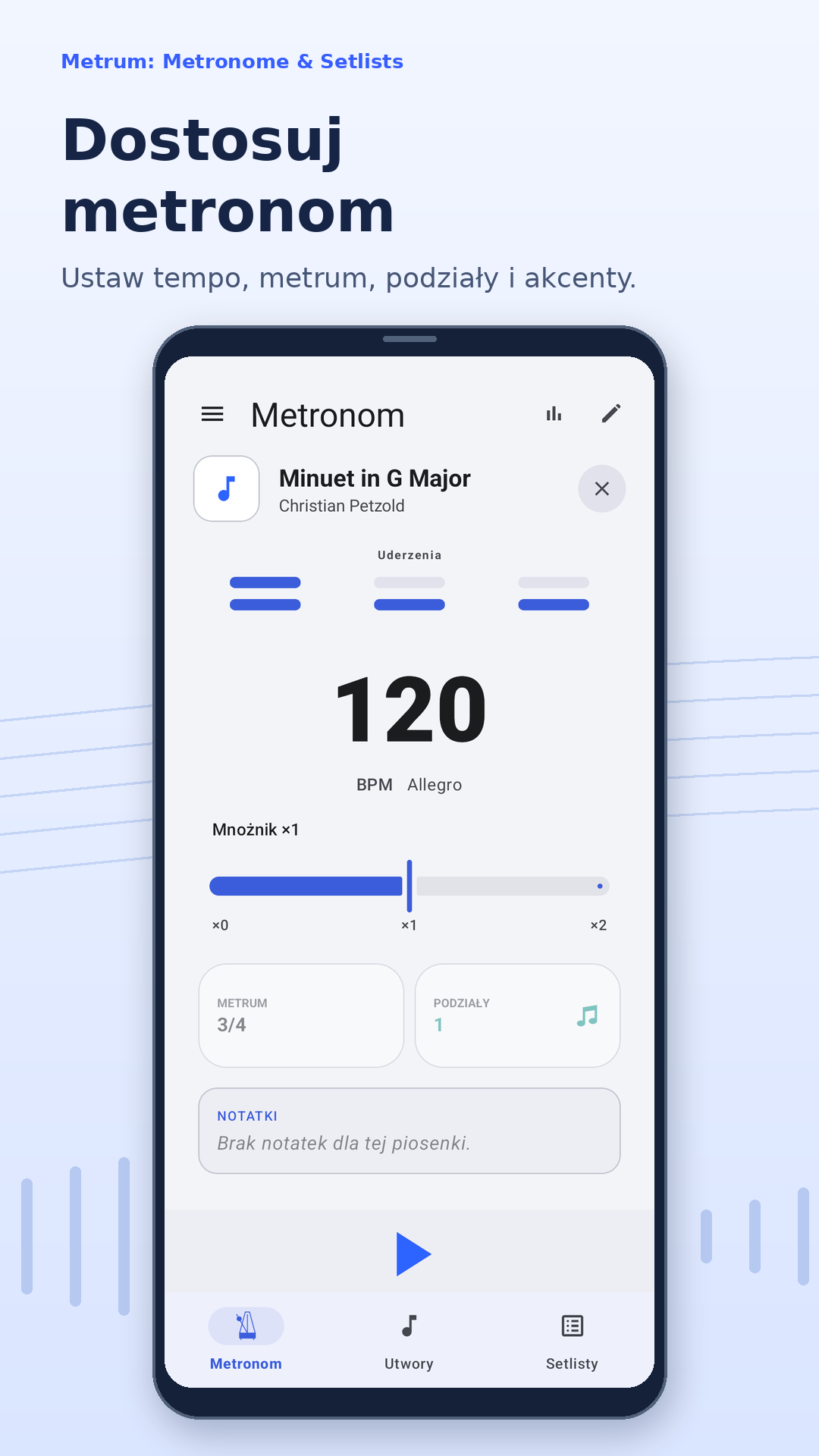 Metronom Metrum z Menuetem G-dur w tempie 120 BPM i metrum 3/4