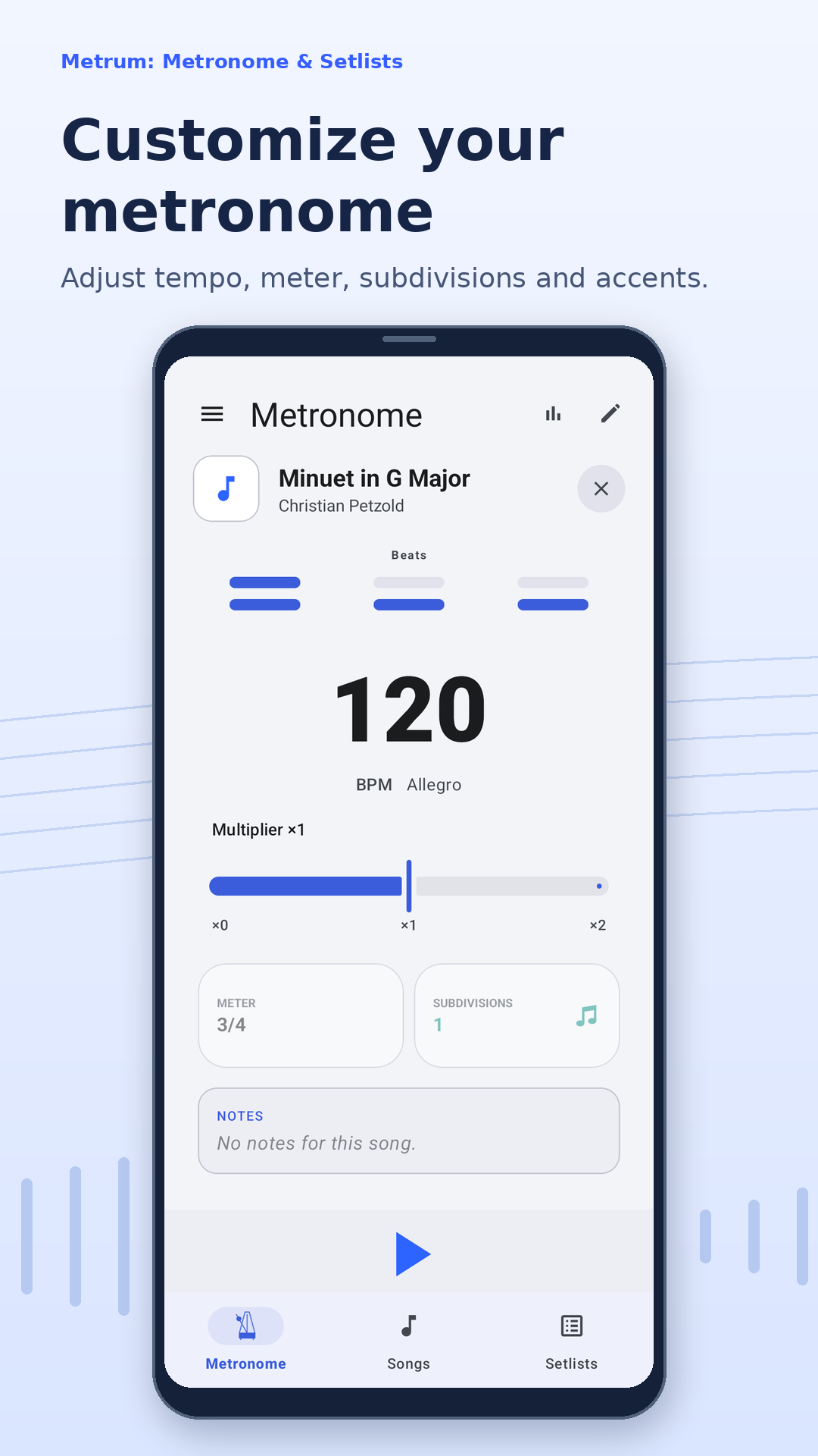 Metrum metronome showing Minuet in G Major at 120 BPM in 3/4 time
