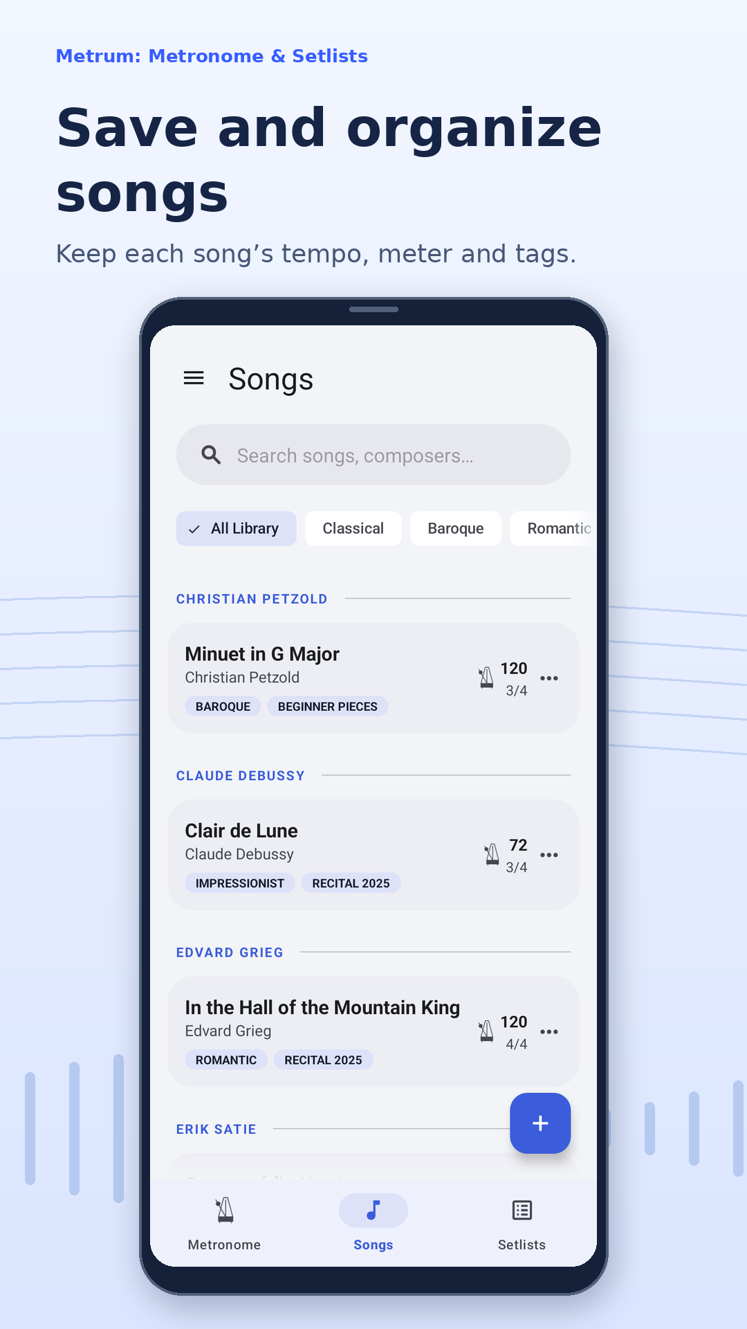 Metrum song library with saved tempos, song search and custom tags